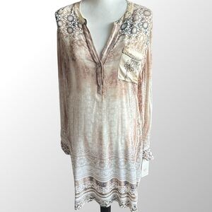 Hale Bob Cream and Brown Patterned Long Sleeve Dress